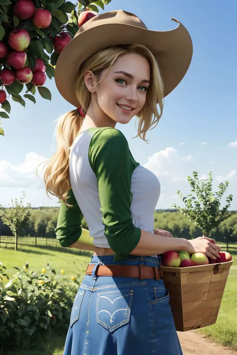 mlpapplejack, blonde ponytail hair, green eyes, cowboy hat,white t-shirt with green sleeves, apple design, denim skirt, belt, looking at viewer, smiling, happy,
outside, farm, apple trees, blue sky, holding a large basket full of apples, playful pose,
extremely detailed, HDR, beautiful quality, natural lighting, <lora:mlp_applejack:.8>