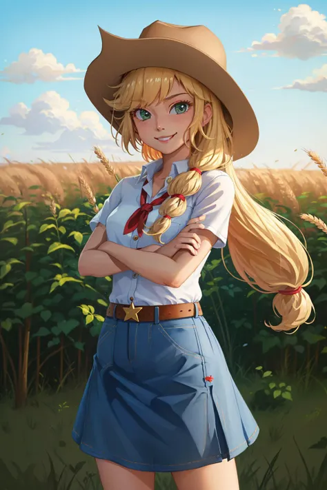 (masterpiece, best quality:1.2), <lyco:mlp_applejack_human-10:1.0>, cowboy shot, solo, 1girl, mlpapplejack, smile, looking at viewer, crossed arms, low-tied long hair, cowboy hat, shirt, short sleeves, denim skirt, wheat field