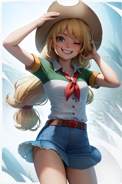 (masterpiece, best quality:1.2), <lyco:mlp_applejack_human-10:1.0>, cowboy shot, solo, 1girl, mlpapplejack, grin, looking at viewer, low-tied long hair, cowboy hat, one eye closed, shirt, short sleeves, denim skirt