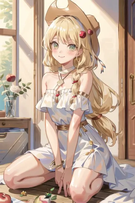 (masterpiece, best quality,ultra-detailed:1.2), {illustration}, 1girl, solo, mlpapplejack, <lora:mlp_applejack_human-10:0.8>, looking at viewer, (low-tied long hair:1.1), cowboy hat, (apple hat ornament), smile, blush, golden neckress, bracelet, jewelry, bare shoulder, (white short dress:1.1), white skirt, indoor, kneeling, spread legs,