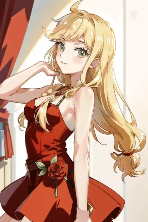 {{{masterpiece}}}, {{{best quality}}}, {{ultra-detailed}}, {illustration}, {{an extremely delicate and beautiful}}, (extremely detailed CG unity 8k wallpaper:1.1), 1girl, solo, mlpapplejack,  <lora:mlp_applejack_human-10:1>, looking at viewer, low-tied long hair, laxuary dress, (apple hair ornaments), smile, (red party dress), golden neckress, bracelet, jewelry, indoor, (party background),