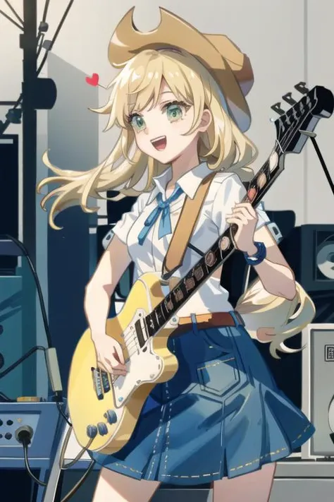{{{masterpiece}}}, {{{best quality}}}, {{ultra-detailed}}, {illustration}, {{an extremely delicate and beautiful}}, (extremely detailed CG unity 8k wallpaper:1.1), 1girl, solo, mlpapplejack, looking at viewer, low-tied long hair, cowboy hat, shirt, short sleeves, denim skirt, <lora:mlp_applejack_human-10:1>, smile, open mouth, holding guitar, electric guitar, on stage, playing instrument, plectrum