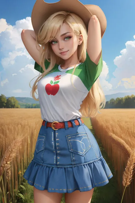 (masterpiece, best quality:1.2), <lyco:mlp_applejack-10:1.0>, cowboy shot, solo, 1girl, mlpapplejack, smile, looking at viewer, low-tied long hair, cowboy hat, shirt, denim skirt, belt, wheat field