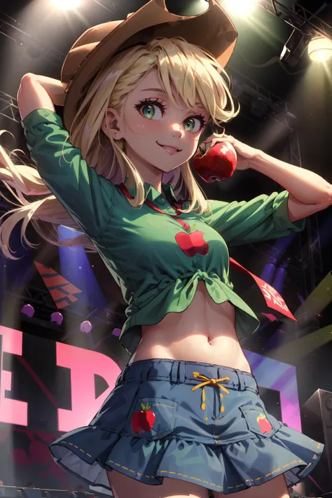 masterpiece,best quality,1girl,mlpapplejack,low-tied long hair,blonde hair,green eyes,smile,cowboy hat,shirt,denim skirt,midriff,navel,apple decorations,on stage,stage lights,<lora:mlp_applejack:0.9>,