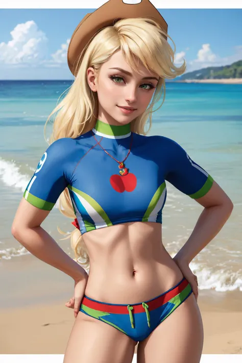 (masterpiece, best quality:1.2), <lyco:mlp_applejack-10:1.0>, cowboy shot, solo, 1girl, mlpapplejack, smile, looking at viewer, hand on hip, low-tied long hair, crop top, bikini, beach