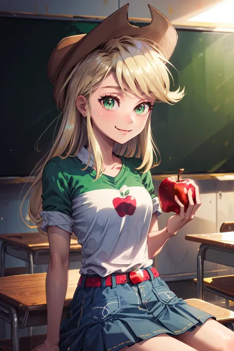 masterpiece,best quality,1girl,mlpapplejack,low-tied long hair,blonde hair,green eyes,cowboy hat,shirt,denim skirt,belt,apple decorations,smile,sitting,classroom,<lora:mlp_applejack:1>,