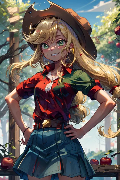 masterpiece,best quality,1girl,mlpapplejack,blonde hair,green eyes,low-tied long hair,cowboy hat,shirt,short sleeves,denim skirt,belt,smile,hands on hips,farm,apple tree forest,<lora:mlp_applejack_human:1>,
