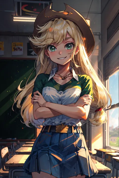 masterpiece,best quality,1girl,mlpapplejack,blonde hair,green eyes,low-tied long hair,cowboy hat,shirt,short sleeves,denim skirt,belt,smile,crossed arms,classroom,<lora:mlp_applejack_human:1>,