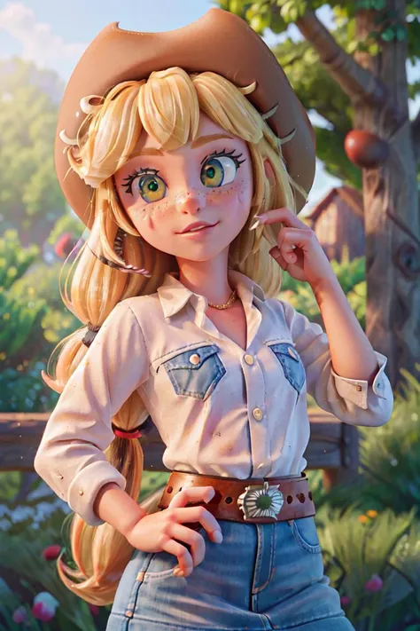 (mlpapplejack:1.2), (orange skin:1.5), (blonde hair:1.5), (green eyes, white freckles, long hair, low-tied long hair, side bangs:1.2), (white button up shirt, denim skirt, belt:1.3), (cowboy hat:1.5), (white freckles:1.5), cowgirl, nature background, apple farm, apple trees, (realistic:1.2), (masterpiece:1.2), (full-body-shot:1.2),(Cowboy-shot:1.2), neon lighting, dark romantic lighting, (highly detailed:1.2),(detailed face:1.2), (gradients), colorful, detailed eyes, (detailed landscape:1.2), (natural lighting:1.2),(detailed background), detailed landscape, (shy pose:1.2), solo, close up, <lora:mlp_applejack_human-10:0.85> <lora:add_detail:0.15> <lora:hipoly3DModelLora_v10:0.05> <lora:RSERomantic_RSESofiko_RSEEmma-v1:0.1> <lora:BeautifulEyes:0.65> <lora:CharacterDesign_Concept-10:0> <lyco:coloredSkin-08:0.4>