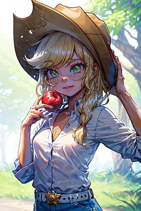 (mlpapplejack:1.2), (orange skin:1.5), (blonde hair:1.5), (green eyes, white freckles, long hair, low-tied long hair, side bangs:1.2), (white button up shirt, denim skirt, belt:1.3), (cowboy hat:1.5), (white freckles:1.5), cowgirl, nature background, apple farm, apple trees, (realistic:1.2), (masterpiece:1.2), (full-body-shot:1.2),(Cowboy-shot:1.2), neon lighting, dark romantic lighting, (highly detailed:1.2),(detailed face:1.2), (gradients), colorful, detailed eyes, (detailed landscape:1.2), (natural lighting:1.2),(detailed background), detailed landscape, (shy pose:1.2), solo, close up, <lora:mlp_applejack_human-10:0.85> <lora:add_detail:0.15> <lora:hipoly3DModelLora_v10:0.05> <lora:RSERomantic_RSESofiko_RSEEmma-v1:0.1> <lora:BeautifulEyes:0.65> <lora:CharacterDesign_Concept-10:0> <lyco:coloredSkin-08:0.4>