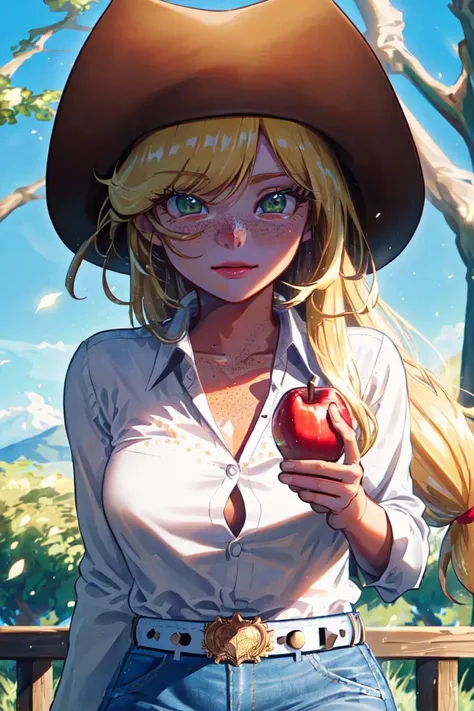 (mlpapplejack:1.2), (orange skin:1.5), (blonde hair:1.5), (green eyes, white freckles, long hair, low-tied long hair, side bangs:1.2), (white button up shirt, denim skirt, belt:1.3), (cowboy hat:1.5), (white freckles:1.5), cowgirl, nature background, apple farm, apple trees,  (realistic:1.2),  (masterpiece:1.2), (full-body-shot:1.2),(Cowboy-shot:1.2), neon lighting, dark romantic lighting, (highly detailed:1.2),(detailed face:1.2), (gradients), colorful, detailed eyes, (detailed landscape:1.2), (natural lighting:1.2),(detailed background), detailed landscape, (shy pose:1.2), solo, close up, <lora:mlp_applejack_human-10:0.85> <lora:add_detail:0.15> <lora:hipoly3DModelLora_v10:0.05>  <lora:RSERomantic_RSESofiko_RSEEmma-v1:0.1> <lora:BeautifulEyes:0.65>  <lora:CharacterDesign_Concept-10:0> <lyco:coloredSkin-08:0.4>
