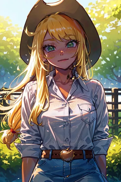 (mlpapplejack:1.2), (orange skin:1.5), (blonde hair:1.5), (green eyes, white freckles, long hair, low-tied long hair, side bangs:1.2), (white button up shirt, denim skirt, belt:1.3), (cowboy hat:1.5), (white freckles:1.5), cowgirl, nature background, apple farm, apple trees, (realistic:1.2), (masterpiece:1.2), (full-body-shot:1.2),(Cowboy-shot:1.2), neon lighting, dark romantic lighting, (highly detailed:1.2),(detailed face:1.2), (gradients), colorful, detailed eyes, (detailed landscape:1.2), (natural lighting:1.2),(detailed background), detailed landscape, (shy pose:1.2), solo, close up, <lora:mlp_applejack_human-10:0.85> <lora:add_detail:0.15> <lora:hipoly3DModelLora_v10:0.05> <lora:RSERomantic_RSESofiko_RSEEmma-v1:0.1> <lora:BeautifulEyes:0.65> <lora:CharacterDesign_Concept-10:0> <lyco:coloredSkin-08:0.4>