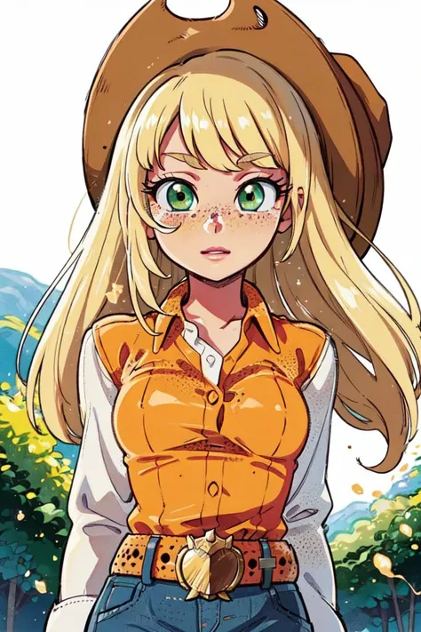 (mlpapplejack:1.2), (orange skin:1.5), (blonde hair:1.5), (green eyes, white freckles, long hair, low-tied long hair, side bangs:1.2), (white button up shirt, denim skirt, belt:1.3), (cowboy hat:1.5), (white freckles:1.5), cowgirl, nature background, apple farm, apple trees,  (realistic:1.2),  (masterpiece:1.2), (full-body-shot:1.2),(Cowboy-shot:1.2), neon lighting, dark romantic lighting, (highly detailed:1.2),(detailed face:1.2), (gradients), colorful, detailed eyes, (detailed landscape:1.2), (natural lighting:1.2),(detailed background), detailed landscape, (shy pose:1.2), solo, close up, <lora:mlp_applejack_human-10:0.85> <lora:add_detail:0.15> <lora:hipoly3DModelLora_v10:0.05>  <lora:RSERomantic_RSESofiko_RSEEmma-v1:0.1> <lora:BeautifulEyes:0.65>  <lora:CharacterDesign_Concept-10:0> <lyco:coloredSkin-08:0.4>