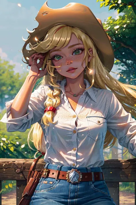 (mlpapplejack:1.2), (orange skin:1.5), (blonde hair:1.5), (green eyes, white freckles, long hair, low-tied long hair, side bangs:1.2), (white button up shirt, denim skirt, belt:1.3), (cowboy hat:1.5), (white freckles:1.5), cowgirl, nature background, apple farm, apple trees, (realistic:1.2), (masterpiece:1.2), (full-body-shot:1.2),(Cowboy-shot:1.2), neon lighting, dark romantic lighting, (highly detailed:1.2),(detailed face:1.2), (gradients), colorful, detailed eyes, (detailed landscape:1.2), (natural lighting:1.2),(detailed background), detailed landscape, (shy pose:1.2), solo, close up, <lora:mlp_applejack_human-10:0.85> <lora:add_detail:0.15> <lora:hipoly3DModelLora_v10:0.05> <lora:RSERomantic_RSESofiko_RSEEmma-v1:0.1> <lora:BeautifulEyes:0.65> <lora:CharacterDesign_Concept-10:0> <lyco:coloredSkin-08:0.4>