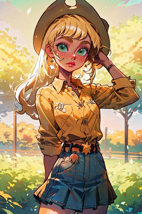 (mlpapplejack:1.2), (orange skin:1.5), (blonde hair:1.5), (green eyes, white freckles, long hair, low-tied long hair, side bangs:1.2), (white button up shirt, denim skirt, belt:1.3), (cowboy hat:1.5), (white freckles:1.5), cowgirl, nature background, apple farm, apple trees, (realistic:1.2), (masterpiece:1.2), (full-body-shot:1.2),(Cowboy-shot:1.2), neon lighting, dark romantic lighting, (highly detailed:1.2),(detailed face:1.2), (gradients), colorful, detailed eyes, (detailed landscape:1.2), (natural lighting:1.2),(detailed background), detailed landscape, (shy pose:1.2), solo, close up, <lora:mlp_applejack_human-10:0.85> <lora:add_detail:0.15> <lora:hipoly3DModelLora_v10:0.05> <lora:RSERomantic_RSESofiko_RSEEmma-v1:0.1> <lora:BeautifulEyes:0.65> <lora:CharacterDesign_Concept-10:0> <lyco:coloredSkin-08:0.4>