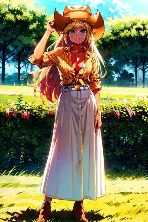 (mlpapplejack:1.2), (orange skin:1.5), (blonde hair:1.5), (green eyes, white freckles, long hair, low-tied long hair, side bangs:1.2), (white button up shirt, denim skirt, belt:1.3), (cowboy hat:1.5), (white freckles:1.5), cowgirl, nature background, apple farm, apple trees, (realistic:1.2), (masterpiece:1.2), (full-body-shot:1.2),(Cowboy-shot:1.2), neon lighting, dark romantic lighting, (highly detailed:1.2),(detailed face:1.2), (gradients), colorful, detailed eyes, (detailed landscape:1.2), (natural lighting:1.2),(detailed background), detailed landscape, (shy pose:1.2), solo, close up, <lora:mlp_applejack_human-10:0.85> <lora:add_detail:0.15> <lora:hipoly3DModelLora_v10:0.05> <lora:RSERomantic_RSESofiko_RSEEmma-v1:0.1> <lora:BeautifulEyes:0.65> <lora:CharacterDesign_Concept-10:0> <lyco:coloredSkin-08:0.4>