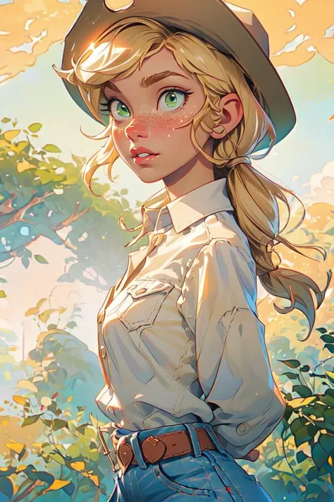 (mlpapplejack:1.2), (light orange skin:1.5), (blonde hair:1.5), (green eyes, white freckles, low-tied long hair:1.2), (white button up shirt, denim skirt, belt:1.3), (cowboy hat:1.5), nature background, apple farm, apple trees, (realistic:1.2), (masterpiece:1.2), (full-body-shot:1.2),(Cowboy-shot:1.2), neon lighting, dark romantic lighting, (highly detailed:1.2),(detailed face:1.2), (gradients), colorful, detailed eyes, (detailed landscape:1.2), (natural lighting:1.2),(detailed background), detailed landscape, (shy pose:1.2), solo, close up, <lora:mlp_applejack_human-10:0.85> <lora:add_detail:0.15> <lora:hipoly3DModelLora_v10:0.05> <lora:RSERomantic_RSESofiko_RSEEmma-v1:0.1> <lora:BeautifulEyes:0.65> <lora:CharacterDesign_Concept-10:0> <lyco:coloredSkin-08:0.3>