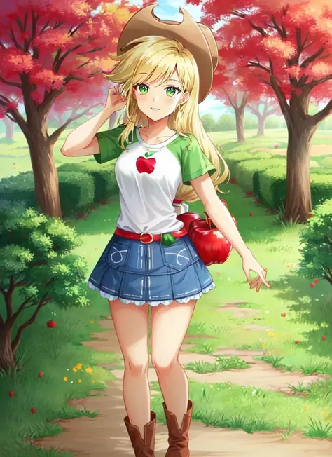 ((best quality)), ((highly detailed)), masterpiece, (detailed eyes, deep eyes), (1girl), full body, <lora:mlp_applejack:1>, mlpapplejack, blonde hair, low-tied long hair, green eyes, smile, cowboy hat, shirt, denim skirt, belt, apple trees
