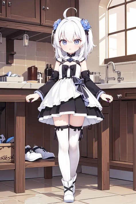 (best quality),(Masterpiece),dynamic angle,(extreme detailed illustration),(extremely detailed CG unity 8k wallpaper),amazing,Depth of field,(highly detailed),((an extremely delicate and beautiful)),((1girl)),((extremely detailed eyes and face)),detail hands,thighhighs,full body,hair ornament,ahoge,hair flower,flower,white footwear,boots,looking at viewer,dress,striped thighhighs,standing,white hair,bangs,striped,grey eyes,detached sleeves,black thighhighs,vertical-striped thighhighs,two side up,nail polish,hair between eyes,medium hair,
