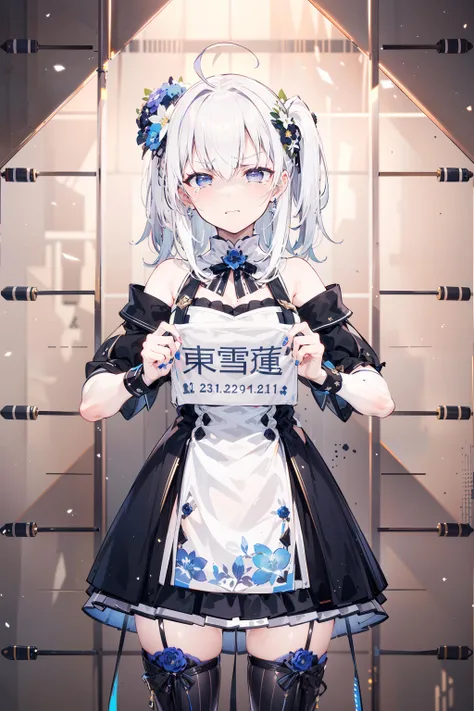 Masterpiece, best quality, high quality, ultra detailed, best quality, 1girl, white hair, shoulder length hair, white cat ears, collared white shirt, shirt open, cleavage, black laced bra, black bra, black eyes, smiling, (holding a board saying "1000":1.3), (white background:1.5), simple background, (white room:1.3), (masterpiece:1.2),(best quality:1.2)