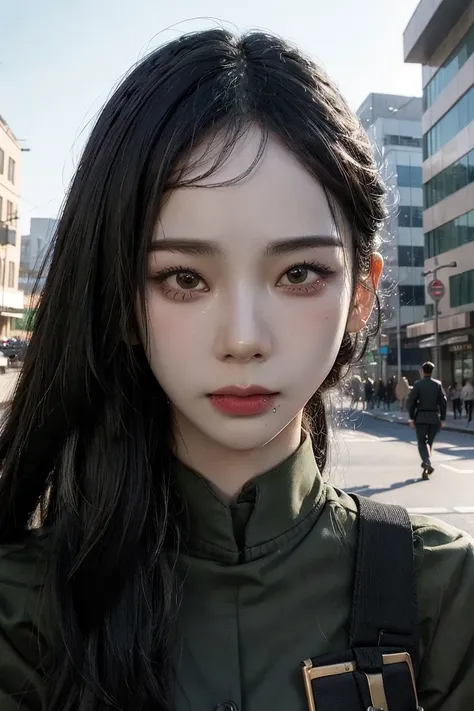 best quality, masterpiece, (photorealistic:1.4), 1 girl, militar uniform, cap militar, 1945, big breasts, upper body, in street, war background, ((Face Details:1.7)) -- <lora:Karina:1>