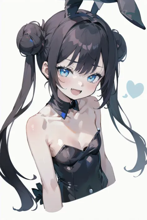 (finely best quality illustration:1.2), (ultra-detailed, highres, 4k:1.0), (kawaii girl:1.0), (1girl, solo:1.0), (black hair, buns), ((playboy bunny:1.1), rabbit ears, (black clothes:1.1), (bare shoulders:1), collarbone), (kisaki\(blue archive\):0.6), (upper body:1.1), (white background:1.2), (blushing, smug, (:D:1)), <lyco:kisaki-locon-21:0.7>