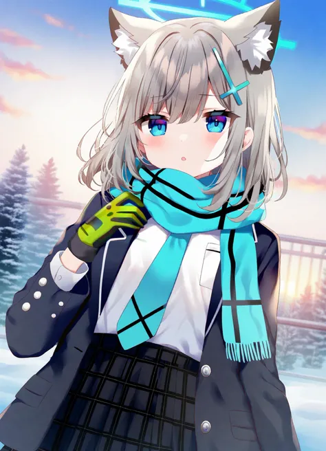 (Best-A:1.1),mafuyu,torino_aqua,(guo_jiang_mullay:0.9),1girl, absurdres, animal_ears, black_jacket, blazer, blue_archive, blue_eyes, blue_halo, blue_necktie, blue_scarf, cross_hair_ornament, day, extra_ears, gloves, green_gloves, grey_hair, hair_ornament, halo, highres, jacket, long_sleeves, medium_hair, necktie, open_clothes, open_jacket, outdoors, scarf, shiroko_\(blue_archive\), shirt, solo, upper_body, white_shirt, wolf_ears
