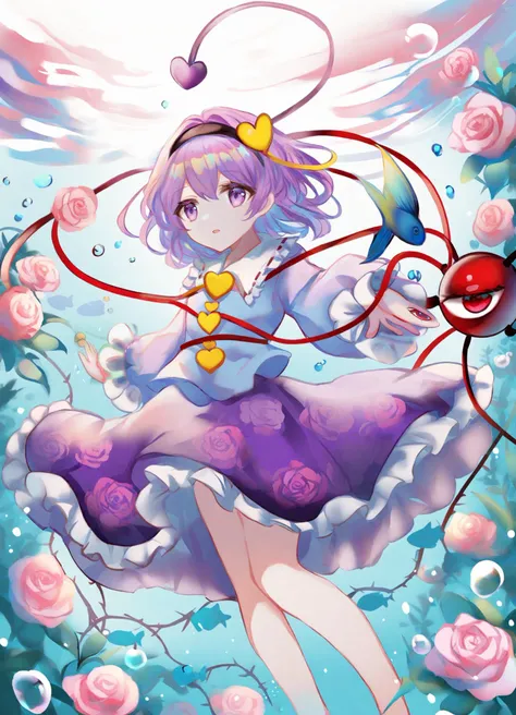 (Best-A:1.1),sanuo,torino_aqua,1girl, absurdres, black_hairband, blouse, bubble, buttons, commentary, feet_out_of_frame, fish, floating_hair, floral_print, flower, frilled_shirt_collar, frilled_skirt, frills, hair_ornament, hairband, heart, heart_button, heart_hair_ornament, highres, komeiji_satori, long_sleeves, looking_afar, parted_lips, pink_flower, pink_rose, purple_eyes, purple_hair, purple_skirt, red_eyes, rose, rose_print, sanuo, shirt, short_hair, skirt, third_eye, thorns, touhou, underwater