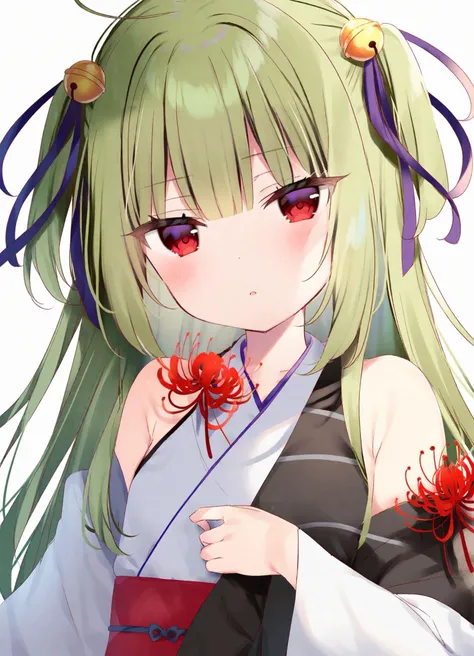 (Best-A:1.1),mafuyu,1girl, bare_shoulders, bell, black_kimono, blunt_bangs, blush, breasts, butterfly_hair_ornament, commentary, cross-laced_clothes, expressionless, eyelashes, flower, green_hair, hair_bell, hair_between_eyes, hair_ornament, hair_over_shoulder, hair_ribbon, hakua_aa, head_tilt, highres, hime_cut, japanese_clothes, kimono, long_hair, looking_at_viewer, murasame_\(senren\), parted_lips, purple_ribbon, red_eyes, red_flower, red_sash, ribbon, sash, senren_banka, sidelocks, simple_background, small_breasts, solo, spider_lily, two_side_up, upper_body, variant_set, very_long_hair, white_background, yuzu-soft