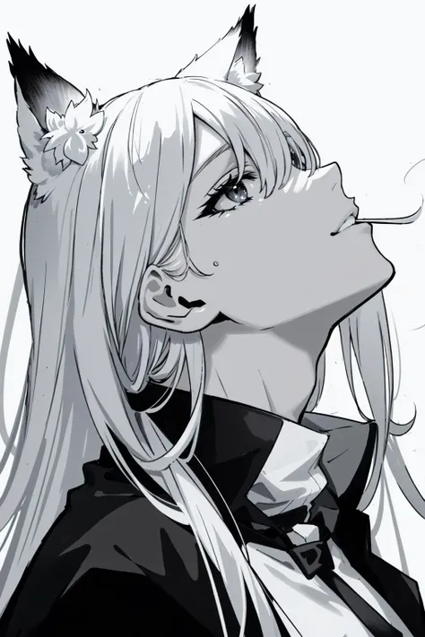 masterpiece, best quality, black and white, monochrome, kaneki_meme, hair over eyes, 1girl, long hair, white hair, animal ears, from side, looking up, <lora:KanekiKenMeme:0.6>
