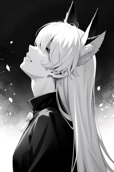 masterpiece, best quality, black and white, monochrome, kaneki_meme, hair over eyes, 1girl, long hair, white hair, animal ears, from side, looking up, <lora:KanekiKenMeme:0.8>