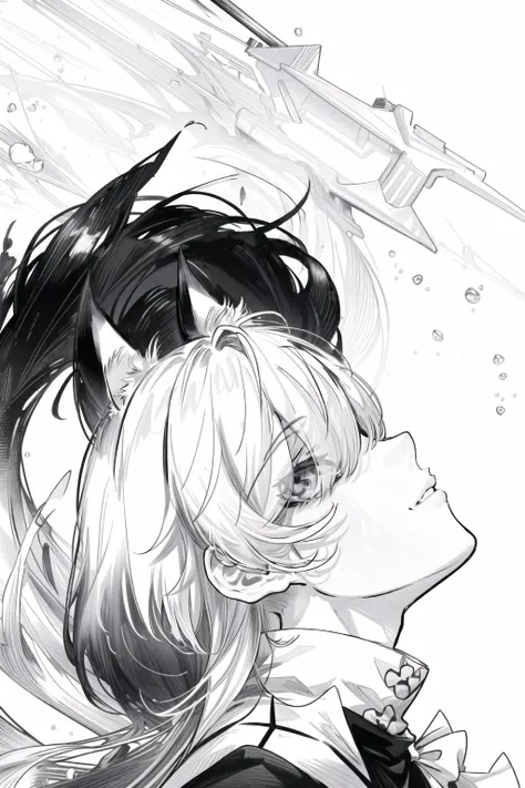 masterpiece, best quality, white background, black and white, monochrome, kaneki_meme, hair over eyes, girl, long hair, white hair, animal ears, from side, looking up, <lora:KanekiKenMeme:0.8>, <lora:animeoutlineV4_16:1>, <lora:add_detail:0.7>