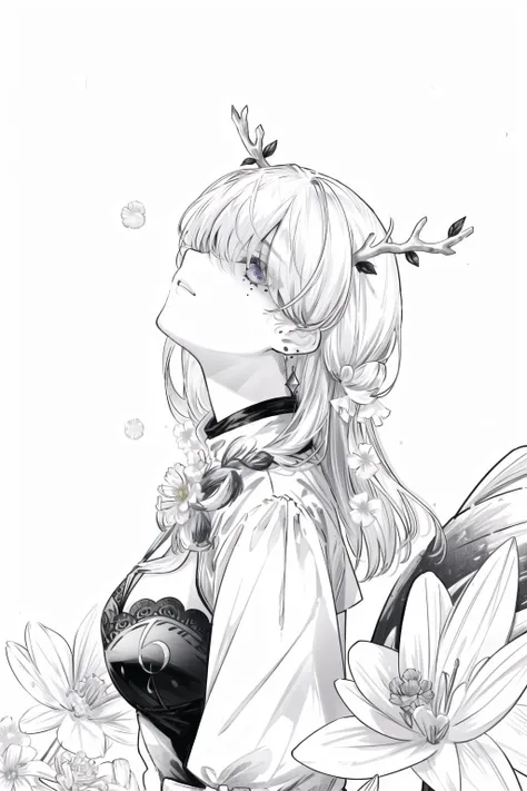 masterpiece, best quality, white background, black and white, monochrome, kaneki_meme, hair over eyes, 1girl, long hair, braided bangs, mole under eye, earrings, flowers in hair, antlers, large breasts, dress, from side, looking up, <lora:KanekiKenMeme:0.8>, <lora:ceres_fauna_v30:0.7>, <lora:animeoutlineV4_16:1>, <lora:add_detail:0.7>