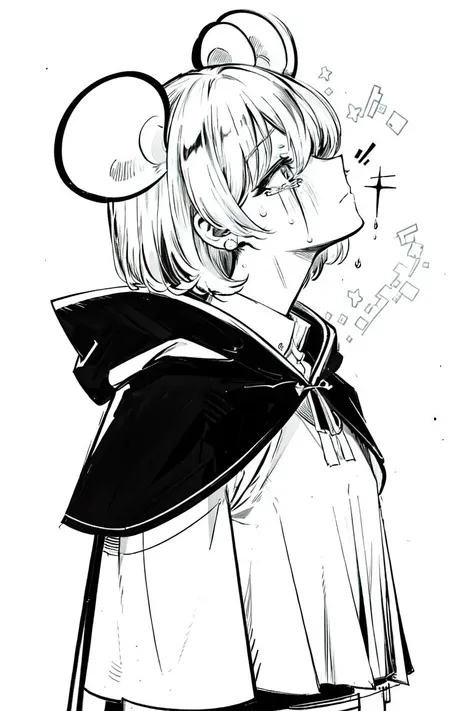 black and white, monochrome, (bloody face:1.2), kaneki_meme, frown, from side, looking up, side profile, looking up, hair over eyes, crying, tears, solid white background, upper body, arms at sides, sad, tired, lonesome, <lora:KanekiKenMeme:0.8>, <lora:animeoutlineV4_16:1>, <lora:hair_over_one_eye:0.7>,, masterpiece, illustration, highres, absurdres, 1girl, ((((mouse ears)))), pixie cut, parted bangs, flat chest, (hooded capelet:1.3), solid white blouse shirt, (puffy short sleeves:1.2), standing, cape over blouse