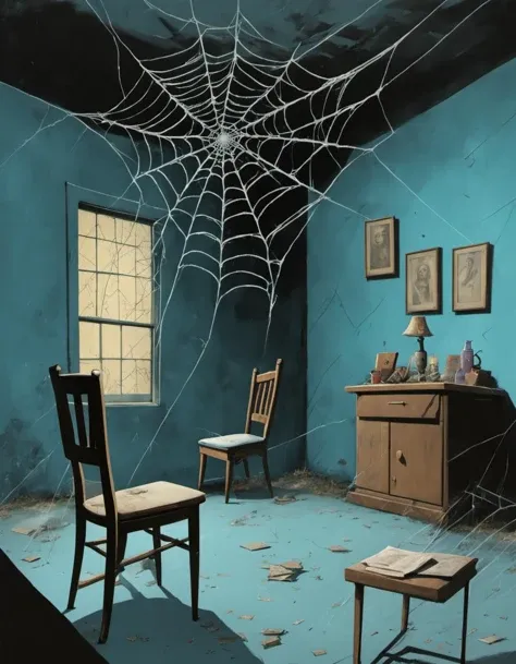 <lora:Mystery_Inc_BackgroundsXL:1> a chair and a table in a spooky abandoned room with blue walls and spiderwebs everywhere, sitcom photography