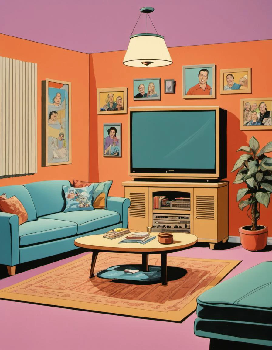 <lora:Mystery_Inc_BackgroundsXL:1> a classic 1990s sitcom tv living room with 1990s style and colors, sitcom photography