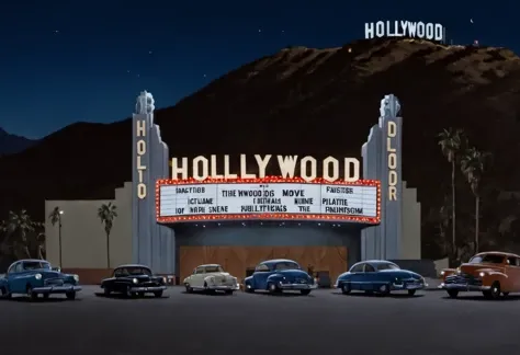 <lora:Mystery_Inc_BackgroundsXL:1> a hollywood movie theater at night with the HOLLYWOOD sign in the mountains in the background and cars parked in front of the building, establishing shot