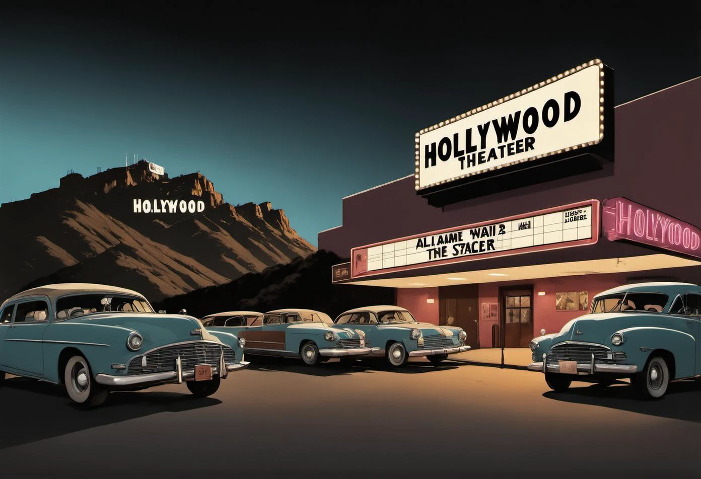 <lora:Mystery_Inc_BackgroundsXL:1> a hollywood movie theater at night with the HOLLYWOOD sign in the mountains in the background and cars parked in front of the building, dramatic lighting
