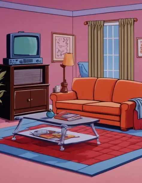 <lora:Mystery_Inc_BackgroundsXL:1> a classic 1990s sitcom tv living room with 1990s style and colors, establishing shot