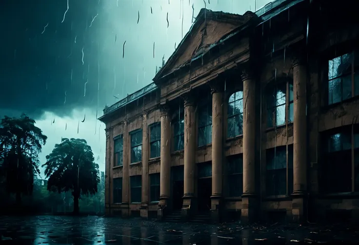 <lora:Mystery_Inc_BackgroundsXL:1> an old college building with a tree in front of it and rain falling down on it's roof, surreal camera shot