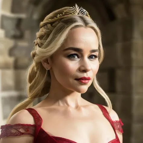 picture, best quality, a sexy middle age woman in castle, photo of beautiful EC<lora:EC:1.0>, wearing middle age clothes, blonde hair, long braids, make up, red lips, metal shiny crown,  looking at viewer, perfect face, perfect eyes, small eyes, sharp focus, Intricate, High Detail, dramatic, photorealistic, 8k, hdr