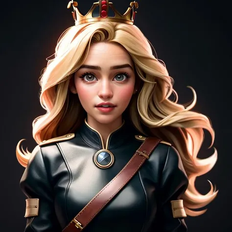 Realistic photo of a beautiful 3m1l14c-v2 woman, 1girl, solo, breasts, long hair, blonde hair, viking worrior uniform, crown, leather and iron, upper body, teeth, lips, traditional media, realistic, soft lighting, professional Photography, Photorealistic, detailed, RAW, analog, sharp focus, 8k, HD, DSLR, high quality, Fujifilm XT3, film grain, award winning, masterpiece<lora:3m1l14c-v2:1.0>
