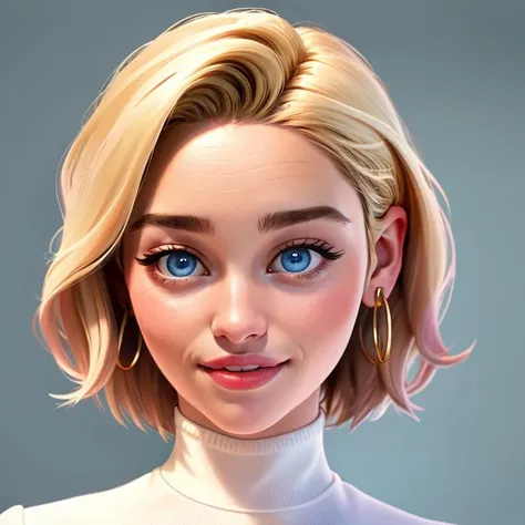 Realistic photo of a beautiful 3m1l14c-v2 woman, 1girl, solo, looking at viewer, smile, short hair, blue eyes, blonde hair, simple background, white background, jewelry, earrings, parted lips, artist name, lips, turtleneck, portrait, hoop earrings, realistic, android 18, soft lighting, professional Photography, Photorealistic, detailed, RAW, analog, sharp focus, 8k, HD, DSLR, high quality, Fujifilm XT3, film grain, award winning, masterpiece<lora:3m1l14c-v2:1.0>