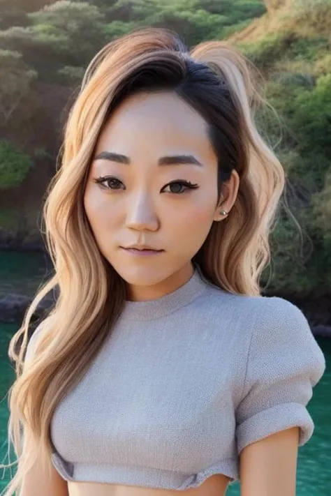 Perfectly-centered portrait-photograph of kfukvf-1990, over the shoulder pose near an island, lifelike, subsurface scattering, photorealism, 8k resolution, beautiful, dynamic lighting