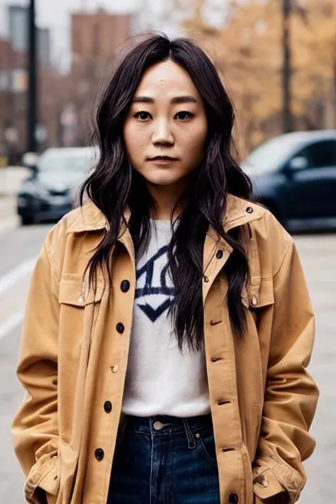Perfectly-centered portrait-photograph of kfukvf-1990, wearing a dirty jacket near a busy city, lifelike, subsurface scattering, photorealism, 8k resolution, beautiful