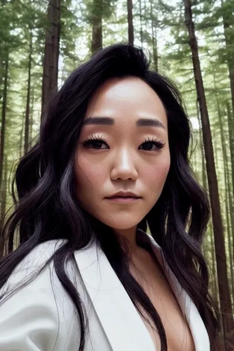 Perfectly-centered portrait-photograph of kfukvf-1990, standing in an enormous forest, lifelike, subsurface scattering, Photorealism, 8k resolution, beautiful, cinematic