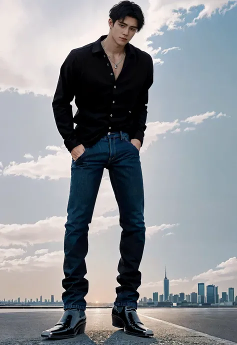 (from below, leaning forward:1.5), (looking at viewer:1.6),
(outdoors, standing on street, background of street and city skyline:1.5),
cap toe boots,
(day, day time, soft light, natural light, colored photo:1.3),
(unbuttoned shirt, necklace:1.3), (skinny jeans, tight jeans:1.5), belt,
(hands in pockets:1.5),
1boy, handsome young man, (short black hair:1.5), (beautiful eyes:1.2),
<lora:GoodHands-beta2:1>,perfect hands, five fingers,
muscular, abs, pectorals,
best quality,masterpiece,ultra highres,photorealistic,realistic,
<lora:asianmale_v10:0.3>, <lora:betaboy:0.2>