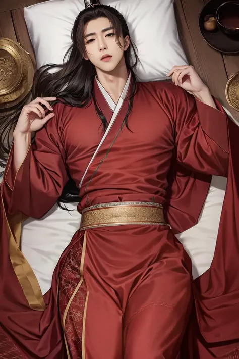 from above, 4K, cinematic, long hair, fit, asian male, large pectorals, wide hips, lying in a bed, best quality, masterpiece, red clothes, hanfu, <lora:chineseβmalelikeness3:0.7>