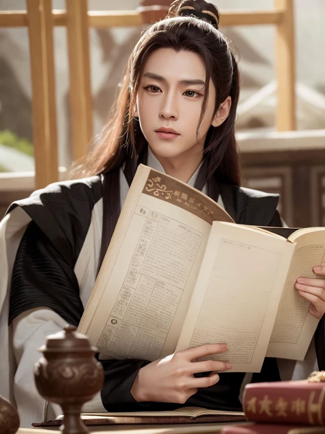 (best quality), (photo-realistic:1),realistic skin texture,bokeh,face focus ,looking at viewer,above the shoulders，
1man, male,long hair,white hair,slim body,upper body,hanfu,long sleeve,fur,chinsese clothes,
wuxia,a man reading book,

<lora:chineseβmalelikeness3:0.5>