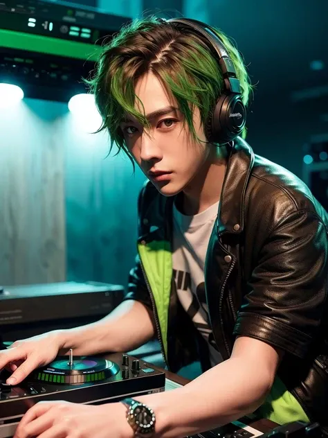 (best quality), (photo-realistic:1),realistic skin texture,bokeh,face focus ,looking at viewer,
1man,DJ，play music，upper body，green hair，head set，messy hair，oversize t-shirt, Motorcycle leather,
night club，neno light，color led，record player，stereo equipment，
<lora:chineseβmalelikeness3:0.7>